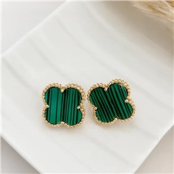 Серьги клевер ювелирная бижутерия коллекция "Дубай", покрытие позолота, вставка: пластик, цвет: зеленый, арт.414.256