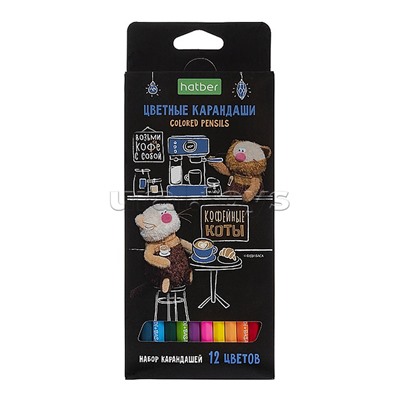 Карандаши цветные 12цв. ECO "Кофейные коты" заточен. в карт. коробке с европодвесом