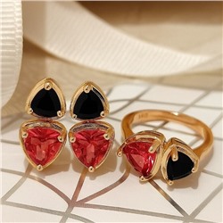 Комплект ювелирной бижутерии коллекция "Дубай" серьги и кольцо 18 р, покрытие позолота, вставка: стекло, цвет: черный и рубиновый, арт.414.188-18