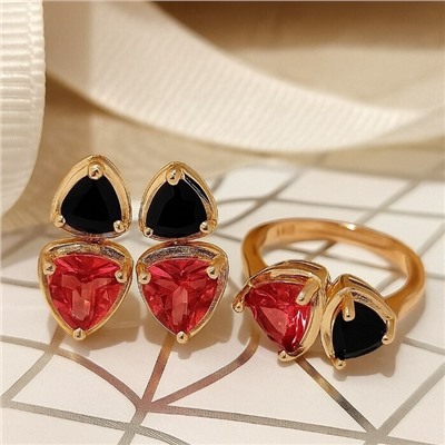 Комплект ювелирной бижутерии коллекция "Дубай" серьги и кольцо 18 р, покрытие позолота, вставка: стекло, цвет: черный и рубиновый, арт.414.188-18