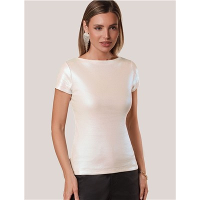 Футболка облегающая из хлопка в рубчик с вырезом лодочка с матовым покрытием металлик