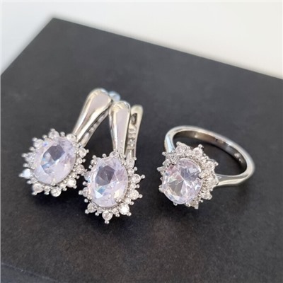 Комплект ювелирная бижутерия  серьги и кольцо 17 р, покрытие: посеребрение, вставка: фианиты, цвет: прозрачный, арт.313.001-17