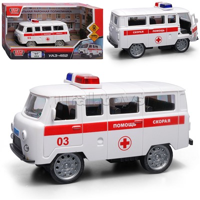 Машина пластик UAZ 452 "Скорая" 12см. (двери, белая) инерц., в коробке