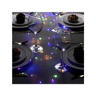 Гирлянда «Мишура» 5 м роса, IP20, серебристая нить, 100 LED, 2 режима, батарейки AAх3 (нет в комплекте), свечение мульти