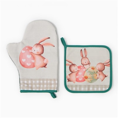 Набор кухонный «Этель. Пасхальный кролик»: варежка-прихватка 20×28 см, прихватка 19×19 см,100% хлопок