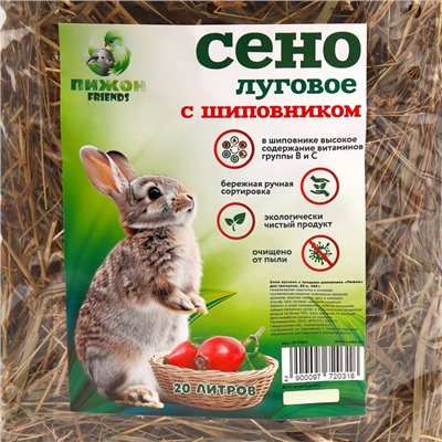 Сено луговое с плодами шиповника «Пижон» для грызунов, 20 л, 500 г