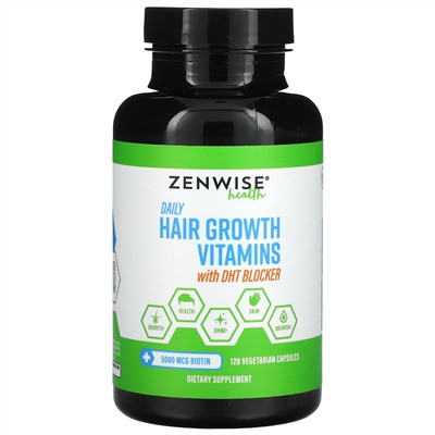 Zenwise Health, Ежедневные витамины для роста волос с блокатором ДГТ, 120 вегетарианских капсул