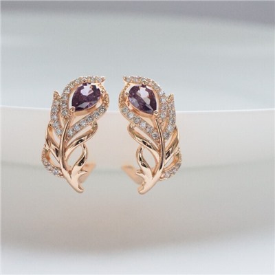 Серьги в форме пера ювелирная бижутерия коллекция "Дубай" покрытие: позолота, вставка: фианиты, цвет: фиолетовый, арт.217.245