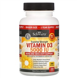 BioSchwartz, витамин D3 усиленного действия, 5000 МЕ, 360 капсул