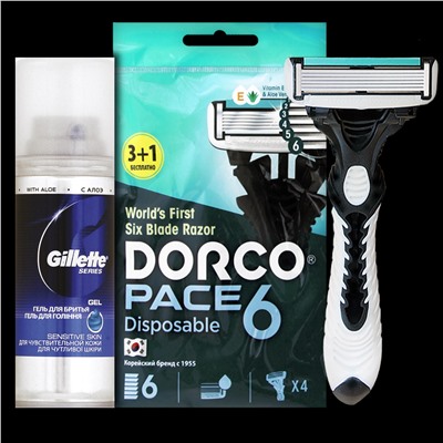 Набор подарочный DORCO РАСЕ-6 (2 предмета) (Станок 4шт. с несъемной головкой +гель д/бритья SERIES 75мл в косметичке