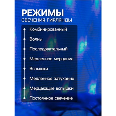 Гирлянда «Сеть» 1.6×1.6 м, IP20, прозрачная нить, 144 LED, 8 режимов, 220 В, свечение синее