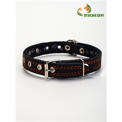 Ошейник кожаный усиленный капроном с полукольцом, 55×2.5 см, ОШ 27-53 см, чёрный