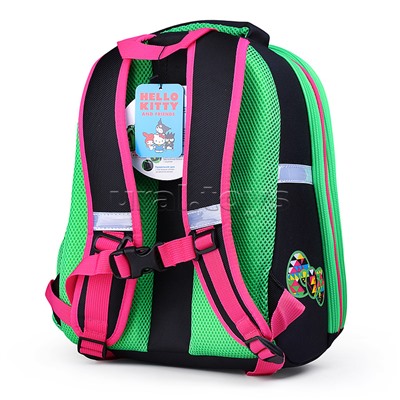 Рюкзак каркасный, Hello Kitty Neon формованный из полимеров, материал: нейлон, полиэстер, полноцветная печат, 2 отделения на молнии, 2 бегунка на каждой молнии, 1 вместительный боковой карман, светоотражатели , жесткая эргономичная спинка;  широкие, регул