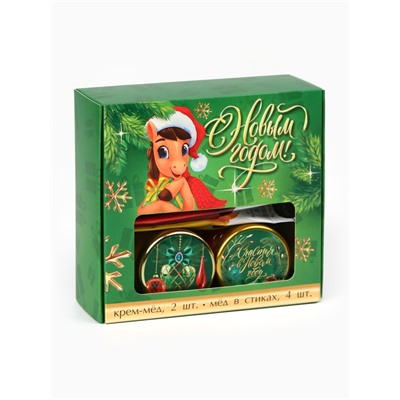 Подарочный набор новогодний «С новым годом»: крем-мёд 2 шт., мёд в стиках 4 шт.