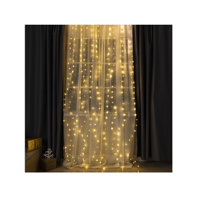 Гирлянда «Занавес» 2.8×3 м роса на крючках, IP20, серебристая нить, 300 LED, свечение тёплое белое, мерцание, USB