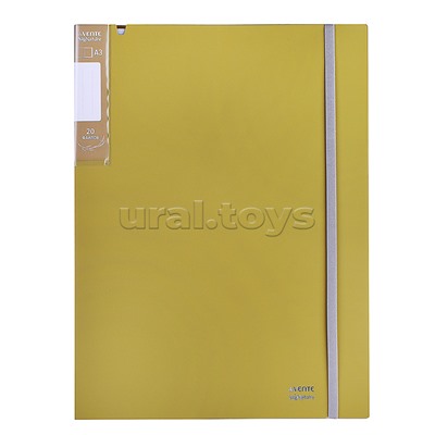 Папка с 020 вкладышами A3 "SigNature" A3 (320x435x15 мм) полипропилен 650 мкм, фактура "ткань" вкладыши 30 мкм, внутренний карман 160 мкм, широкая резинка, индивидуальная упаковка, оливковая