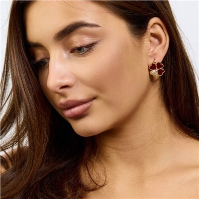 Серьги клевер ювелирная бижутерия Итальянское золото (покрытие желтое 14к), вставка: фианиты и пластик, цвет: прозрачный и бордовый, арт.217.425