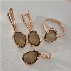 Комплект ювелирной бижутерии коллекция "Дубай" серьги, кулон и кольцо 18 р, покрытие позолота, вставка: стекло, цвет: коричневый, арт.414.329-18
