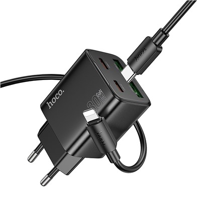 Адаптер Сетевой с кабелем Hoco N56 2Type-C/2USB 3A/30W (Type-C/Lightning) (black)