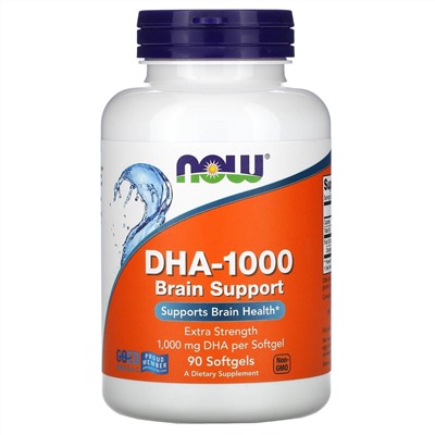 Now Foods, DHA-1000 для улучшения работы мозга, с повышенной силой действия, 1000 мг, 90 мягких таблеток