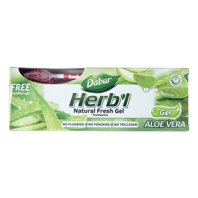 Dabur Herb'l Aloe Vera Gel Toothpaste with Toothbrush / Дабур Зубной Гель-Паста Обеззараживающий с Алоэ Вера + Зубная Щётка Ср. Жесткости 150 г