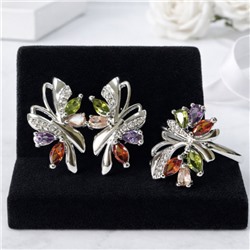 Комплект ювелирная бижутерия, серьги и кольцо посеребрение, камни цвет разноцветные, р-р 20, 76168, арт.414.462-20