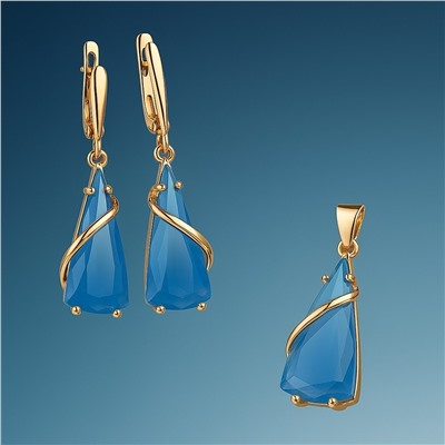 Комплект ювелирной бижутерии коллекция "Дубай" серьги и кулон, покрытие позолота, вставка: фианиты, цвет: голубой, арт.414.052