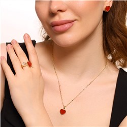 Комплект ювелирной бижутерии Итальянское золото (покрытие желтое 14к) в форме сердца, серьги, кулон на цепочке и кольцо разъемное, вставка: ювелирный пластик, цвет: красный, арт.213.426