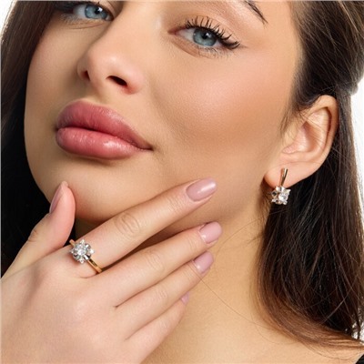 Комплект ювелирной бижутерии коллекция "Дубай" серьги и кольцо 18 р, покрытие позолота, вставка: фианиты и цирконы, цвет: прозрачный, арт.217.514-18