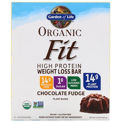 Garden of Life, Organic Fit, высокопротеиновый батончик для похудения, шоколадная помадка, 12 батончиков по 55 г (1,9 унции)