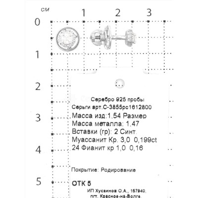 Серьги-пусеты из серебра с синт. муассанит и фианитами родированные 925 пробы С-3855рс1612800