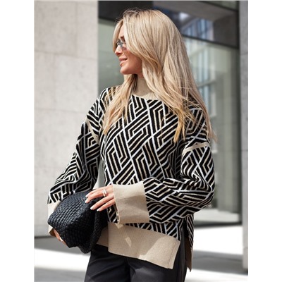 Свитер с боковыми разрезами жаккардовой вязки с кашемиром