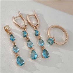 Комплект ювелирной бижутерии коллекция "Дубай" серьги, кулон и кольцо 18 р, покрытие позолота, вставка: фианиты, цвет: нежно-голубой, арт.414.306-18