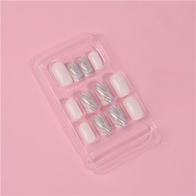 Накладные ногти «Зебра», 24 шт., с клеевыми пластинами, форма мягкий квадрат, белые, серебристые