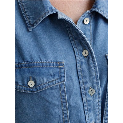 Удлиненная блузка с поясом и карманами из джинсового лиоцелла