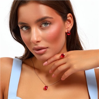 Комплект ювелирной бижутерии Дубайское золото: серьги, кулон и кольцо 17 р, с покрытием позолотой, вставка: фианит, цвет: красный, арт.314.728-17