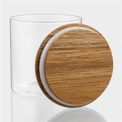 Банка для хранения сыпучих «Вуд», 600 мл, 10×14 см, с деревянной крышкой, стекло