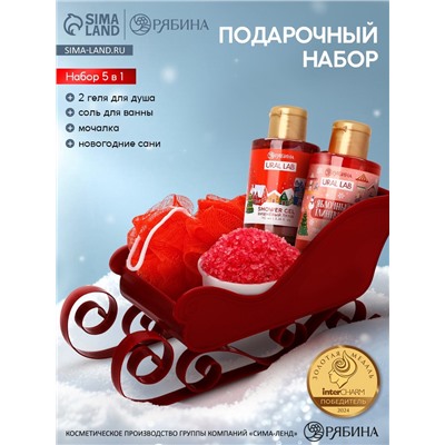 Подарочный набор новогодний в санях: 2 геля для душа, соль для ванны и мочалка, URAL LAB