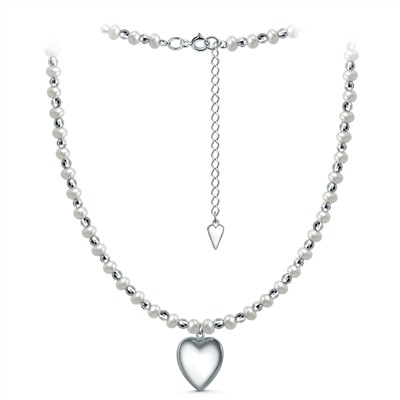 Колье из серебра с пресноводным культивированным жемчугом родированное - Сердце, 38 см (+5) 241-10-293-38р