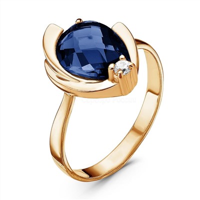 Кольцо из золочёного серебра с пл.кварцем цв.сапфир и фианитом 925 пробы глк-011з108