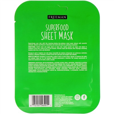 Freeman Beauty, тканевая маска с суперпродуктами, осветляющий шпинат, 1 шт.