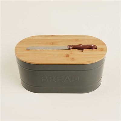 Хлебница металлическая с бамбуковой крышкой SL Home «каса Перфекто», 2 предмета: хлебница 36×20×15.5 см, длина ножа 28.3 см
