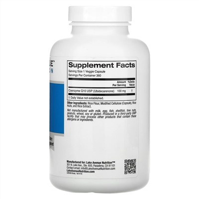Lake Avenue Nutrition, коэнзим Q10, класса USP, 100 мг, 360 растительных капсул