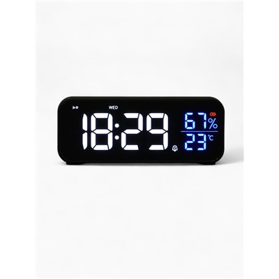 Часы - будильник электронные, настольные, календарь, термометр, гигрометр, 16.8×6.6 см, чёрные