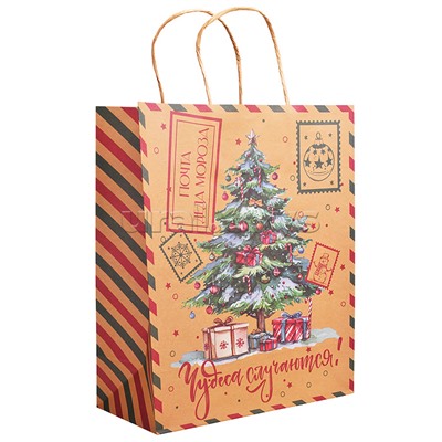 Пакет из крафт-бумаги для сувенирной продукции, с шириной основания 26 см, плотность бумаги 150 г/м