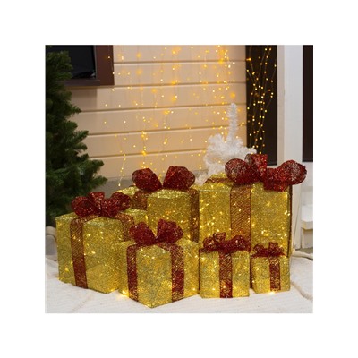 Светодиодная фигура «Подарки с красной лентой» 15, 20, 25, 30, 35, 40 см, текстиль, металл, 220 В, 8 режимов, свечение тёплое белое