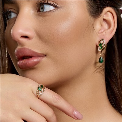 Комплект ювелирной бижутерии коллекция "Дубай" серьги и кольцо 17 р, покрытие позолота, вставка: фианиты и цирконы, цвет: зеленый и прозрачный, арт.215.739-17