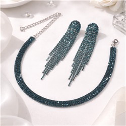 Комплект вечерней бижутерии со стразами чокер и серьги, цвет: тёмный синевато-зелёный, арт.012.101