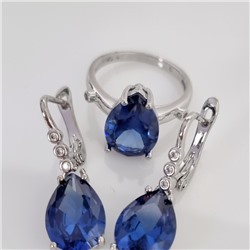 Комплект ювелирной бижутерии серьги и кольцо 17 р, покрытие посеребрение, вставка: фианиты, цвет: синий и прозрачный, арт.213.942-17