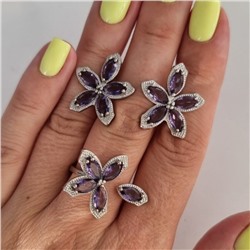 Комплект ювелирной бижутерии, посеребрение: серьги и раздвижное кольцо с фиолетовыми камнями, р-р от 16-19, 13098, арт.213.009